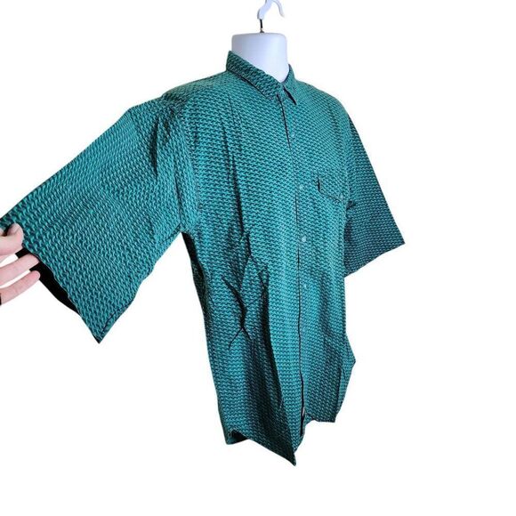 Vintage 80s Tomato Geo Check Short Sleeve Button Up Mens Shirt Size M Green - Picture 2 of 7